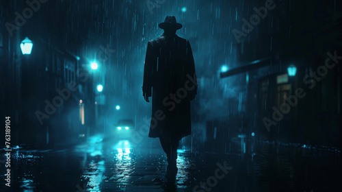 A mysterious figure in a hat and trench coat stands in a rainy  dimly lit street at night  with street lights casting a blue glow and raindrops glistening in the air.