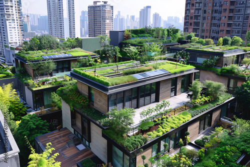 Urban buildings featuring extensive green rooftops surrounded by skyscrapers and lush vegetation
