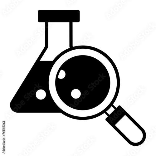 Mixing  titration flaskvector outline design, Biochemistry symbol, Biological processes  Sign, bioscience and engineering stock illustration, Erlenmeyer flask with magnifier Concept