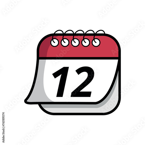 Vector illustration of simple calendar icon with specific day marked, date marked on day 12. Calendar flat icon with folded sheet effect.
