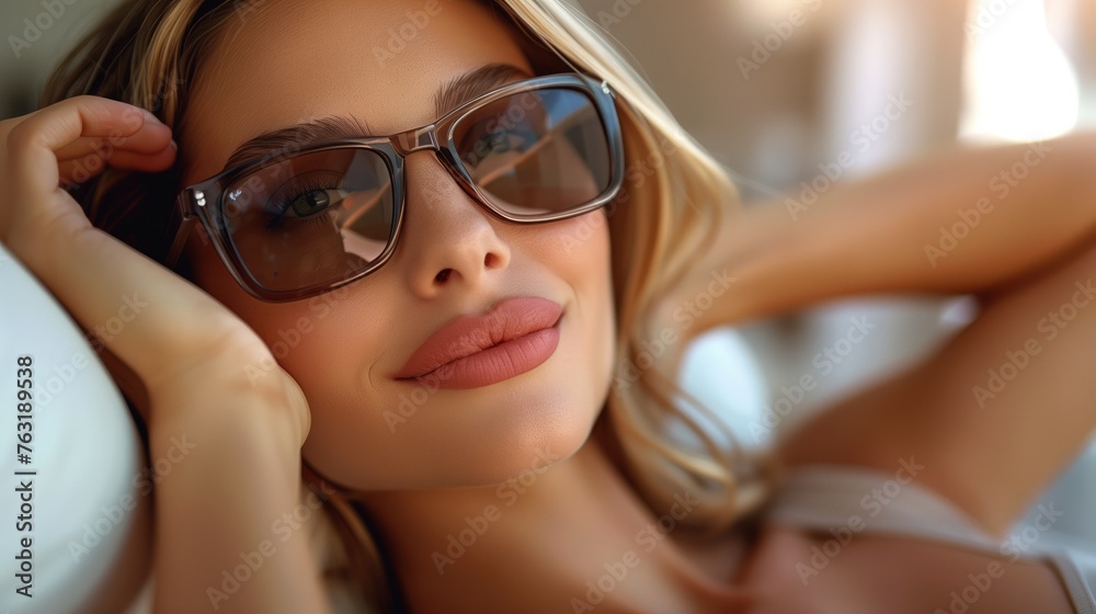 A woman with sunglasses lays on the bed with her eyes covered A woman with sunglasses lays on the bed with her eyes covered