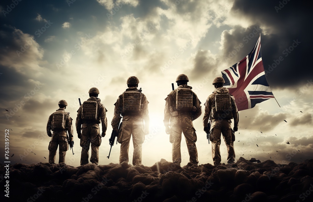 5 soldiers saluting with the British flag in f

