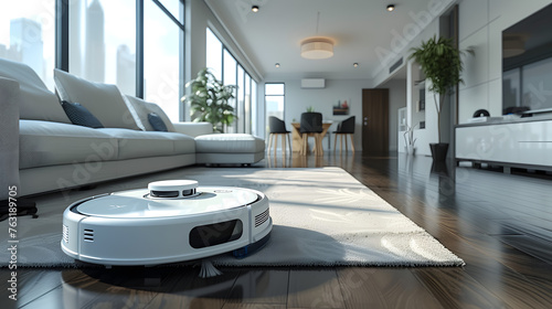 Robotic vacuum cleaner on hardwood floor in modern apartment interior. Smart home cleaning technology concept for design and print