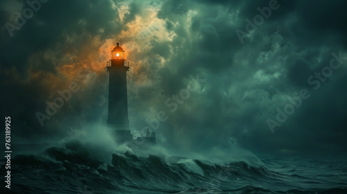 A lighthouse stands resilient amidst tumultuous sea waves under a dramatic stormy sky with its beacon of light piercing through the darkness. © ChubbyCat