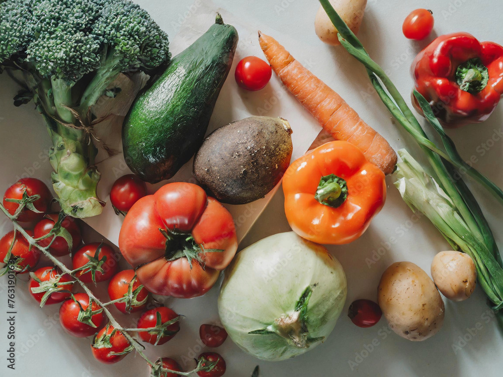 Topview vegetables and fruits In a minimalist kitchen Topview vegetables and fruits In a minimalist kitchen