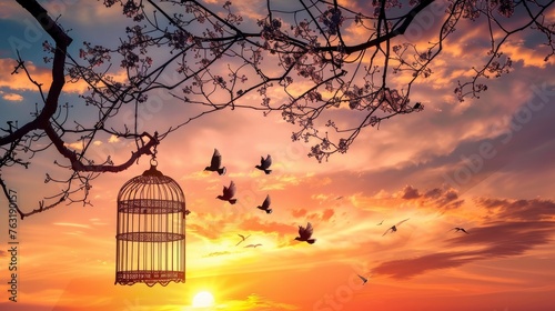 A serene sunset sky with birds flying freely and an open birdcage hanging from the branch of a tree, symbolizing freedom and tranquility. © Ahasanara