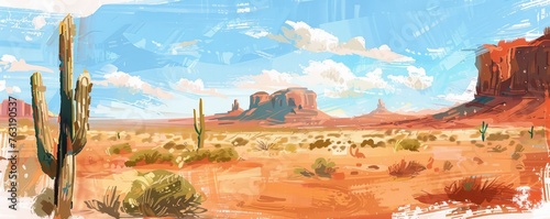 Desert Oasis, Vibrant Brush Stroke Painting of Springs, Cacti, and Desert Scenery.