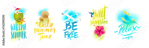 Set of tropical vacation and summer holidays greeting design with brush calligraphy. Vector illustration.
