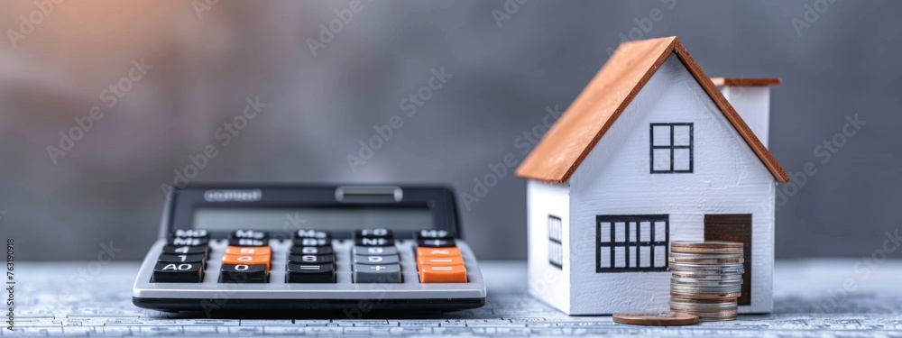 mortgage calculator or real estate business concept. Office desk with a white and wooden houses. timber costs copy space banner. Loan or insurance rate payments guidance support. Liability and risk - obrazy, fototapety, plakaty 