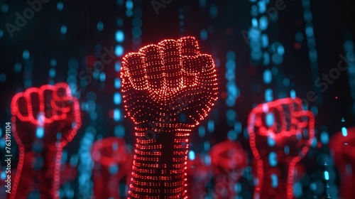 Red digital fists raised, signifying empowerment and digital action. Generative Ai © Imran