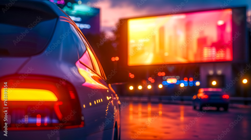 Fototapeta premium Dusk city drive: car approaching illuminated billboards