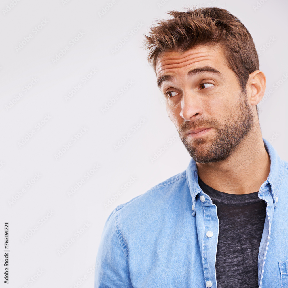 Thinking, confused or man with idea, doubt or stress on white studio background with solution or emoji. Person, model or guy with decision or question with why or emotion with mockup space or wonder Thinking, confused or man with idea, doubt or stress on white studio background with solution or emoji. Person, model or guy with decision or question with why or emotion with mockup space or wonder