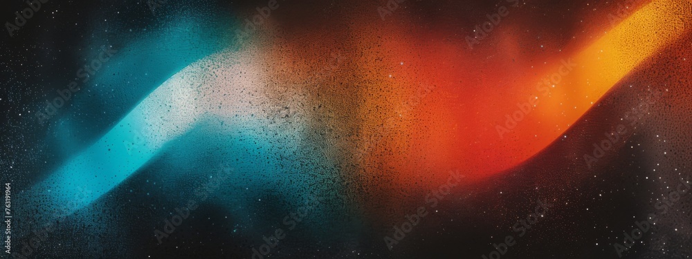 Vibrant rainbow, orange blue teal white psychedelic grainy gradient color flow wave on black background, music cover dance party poster design. Retro Colors from the 1970s 1980s, 70s, 80s, 90s style - obrazy, fototapety, plakaty 