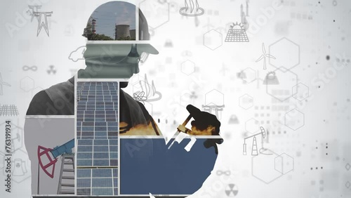 On a technological background, a silhouette of a man in a hard hat with a double exposure of oil production and solar panels, as well as a wind generator and power plant pipes. Cg footage.