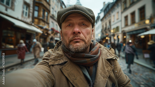 A middle-aged man taking a selfie on a city street. © SashaMagic