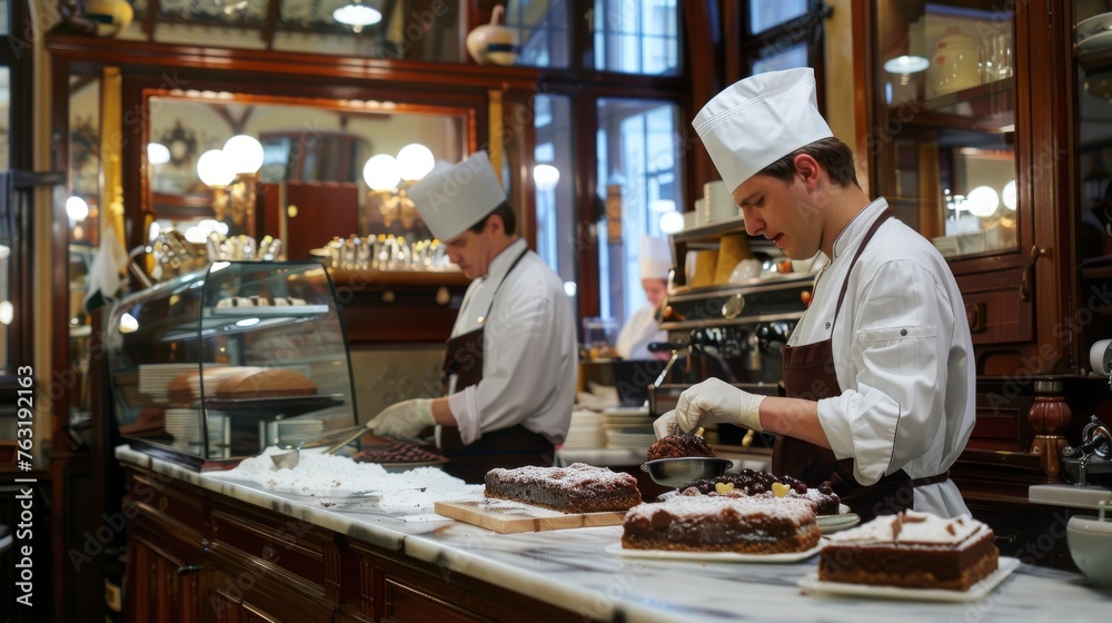 Pastry chefs in traditional attire decorate exquisite cakes with delicate precision in the elegant interior of a gourmet bakery.