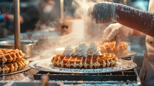 A chef applies a generous topping of whipped cream to freshly made waffles, amidst the steamy backdrop of a busy cafe kitchen.