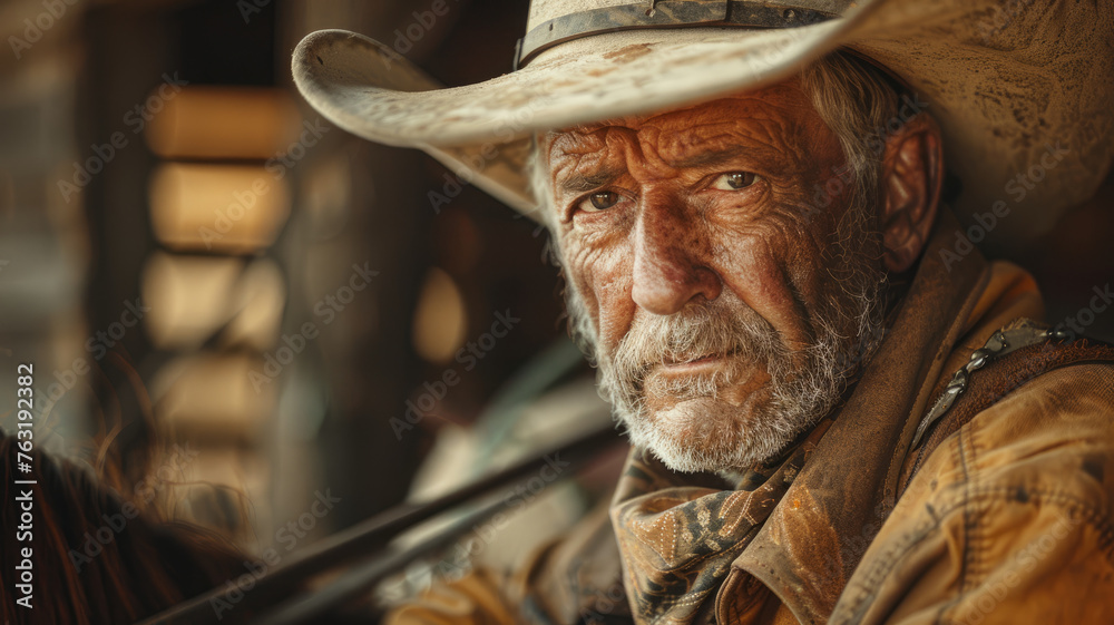 A rugged elderly cowboy with a hat.