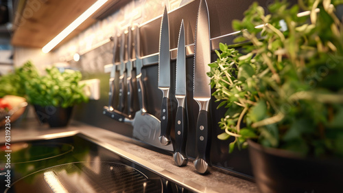A set of knives on a magnetic strip in a kitchen photo