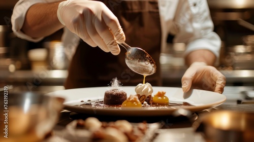 A chef in a professional kitchen precisely drizzles chocolate sauce over an elegant dessert, showcasing the art of plating with a focus on detail.