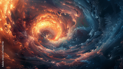 A swirling vortex of vibrant orange and blue hues  giving an impression of motion and energy.