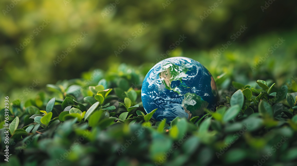 Earth planet sphere on green leaves background. Ecology and environment care concept Earth planet sphere on green leaves background. Ecology and environment care concept