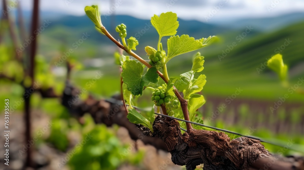 Obraz premium Spring vine pruning by viticultor new growth against hills vineyard renewal symbol