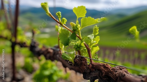 Spring vine pruning by viticultor new growth against hills vineyard renewal symbol