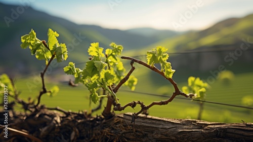 Vineyard in spring viticultor prunes green shoots highlight renewal growth backdrop