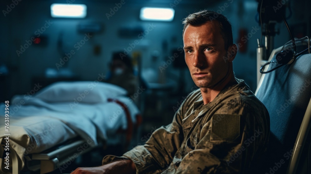 Fototapeta premium Military nurse in field hospital providing care showcasing bravery