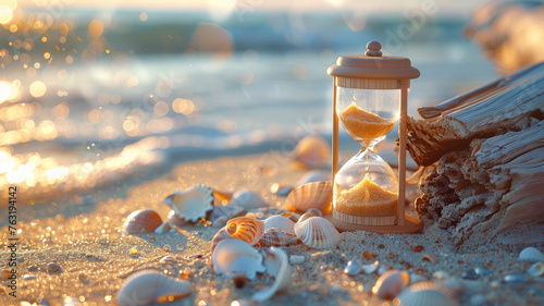 Hourglass on beach at sunset