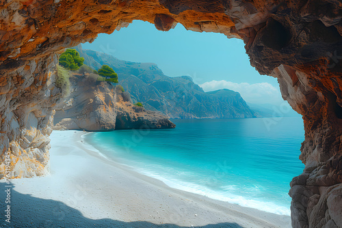 View of a serene beach from a seaside cave. Travel and nature concept for tourism, adventure, and tranquility designs © Ekaterina