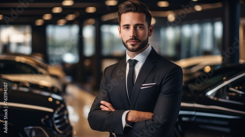 Car dealership receptionist in suit luxury automobiles showroom setting