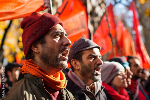 Group of workers during a protest for labor rights. Labor day concept.