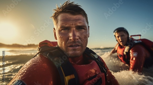 Coastal rescue mission paramedic with lifeguard surfer rescue