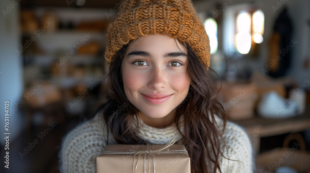Portrait of a smiling young woman in a cozy sweater and beanie holding a gift, with a blurred home interior background. Portrait of a smiling young woman in a cozy sweater and beanie holding a gift, with a blurred home interior background.