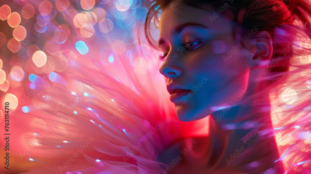 Young woman with colorful backlight and bokeh