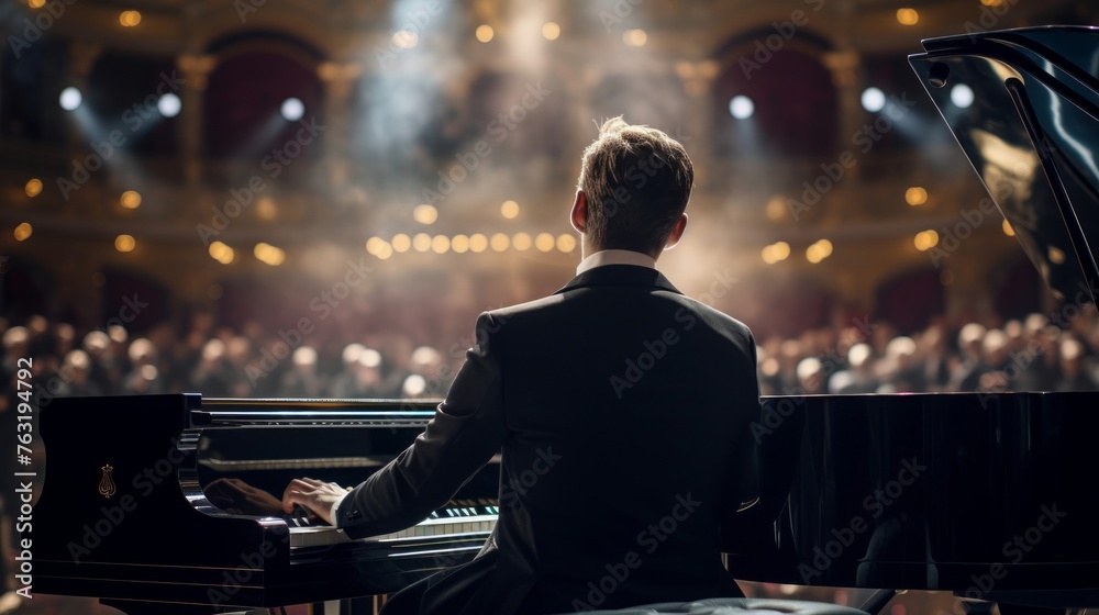 Concert hall pianist fingers dancing on keys showcasing classical elegance - obrazy, fototapety, plakaty 