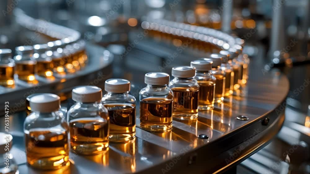 Exquisite glass vials line the conveyor belt as they are filled and labeled by an advanced labeling machine showcasing the seamless integration of technology in the packaging