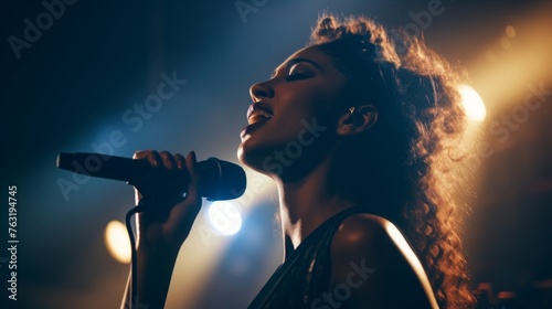 Passionate singer on stage bright lights capturing emotional high note © javier