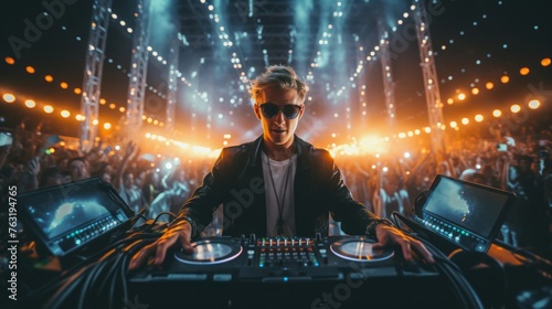 Music festival DJ mesmerizing lights creating electrifying scene photo