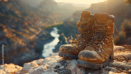 A pair of used hiking boots with a scenic backdrop