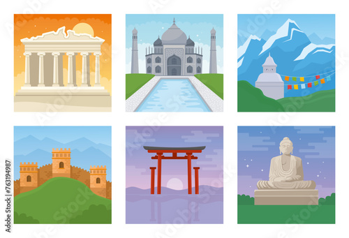 Different world famous symbols set. World landmarks. Acropolis, Taj Mahal, Japan, Nepal, Great Wall of China, Buddha statue. Historical buildings, landmarks.  photo