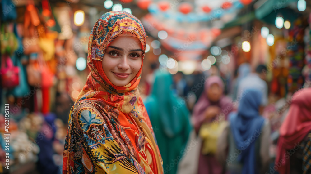 Young woman in a colorful market setting