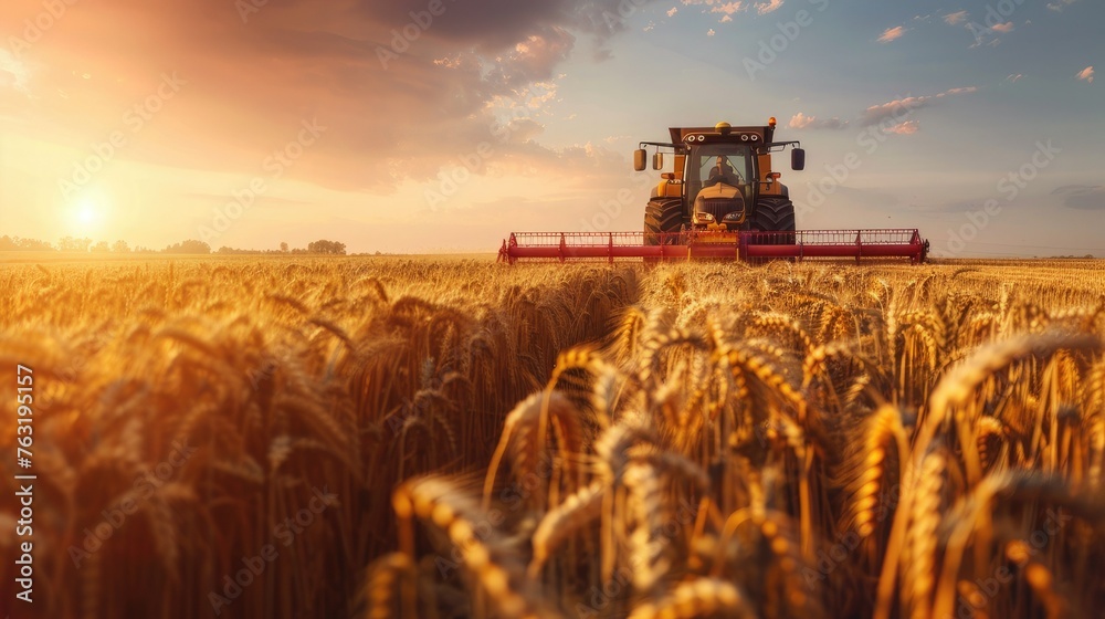 Fototapeta premium A tractor harvesting wheat at sunset, followed by a working combine, creating an atmosphere of farm life and agricultural activity.