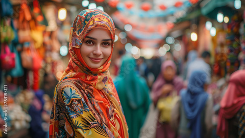 Young woman in a colorful market setting