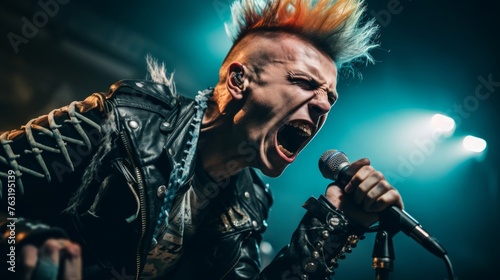 Punk rocker screaming into mic mohawk and leather stage rebellion