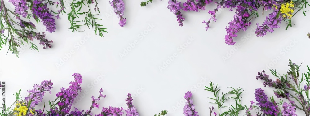Spring botanical floral composition. Greeting card mockups scene. Decorative frame, banner made of purple lilac, yellow broom Cytisus flowers and branches. White table background. Flat lay, top view.