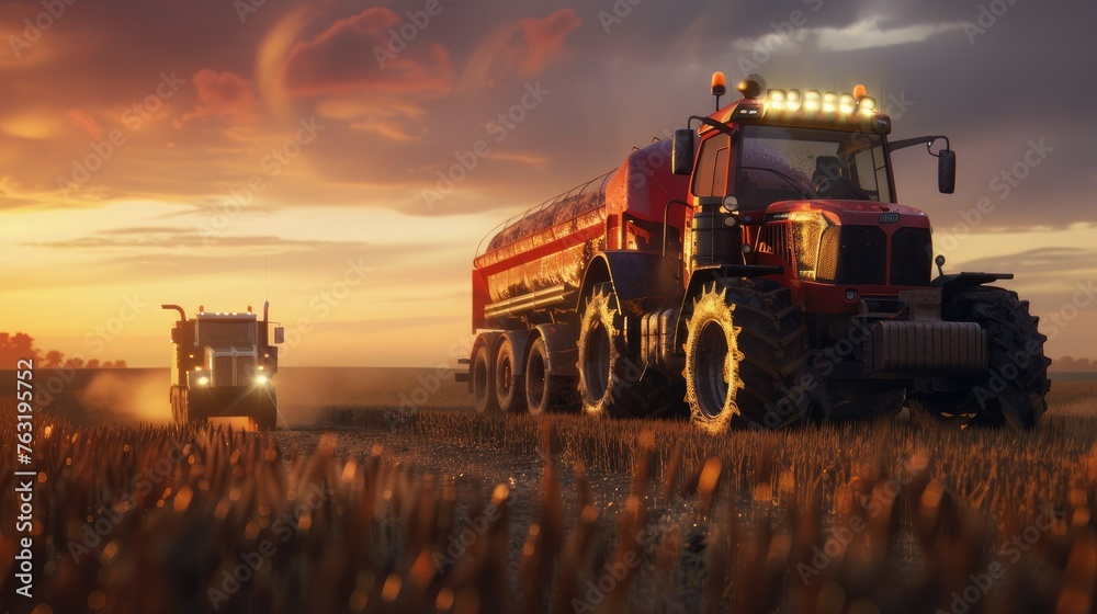 a red tractor pulls out of a field and pulls an empty large trailer, behind it is a large truck with yellow lights on top, driving towards the sunset, golden hour, wheat fields in the background a red tractor pulls out of a field and pulls an empty large trailer, behind it is a large truck with yellow lights on top, driving towards the sunset, golden hour, wheat fields in the background