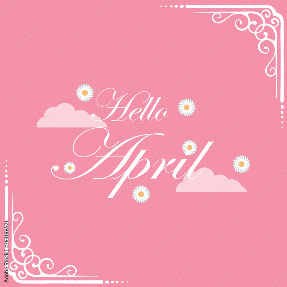 Hello April vector background. Cute lettering banner with clouds and flowers illustration. Hello April vector background. Cute lettering banner with clouds and flowers illustration.